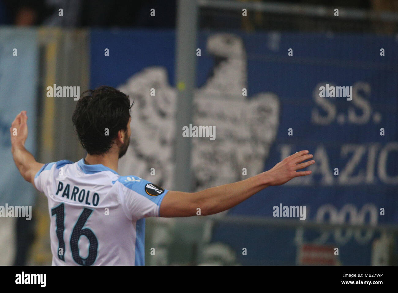 05.04.2018. Stadio Olimpico, Rome, Italie. Ligue de l'Uefa SS Lazio vs FC Salzburg. MARCO PAROLO le score pendant le match du GED S.S. Lazio vs Salzburg au Stadio Olimpico à Rome. Banque D'Images