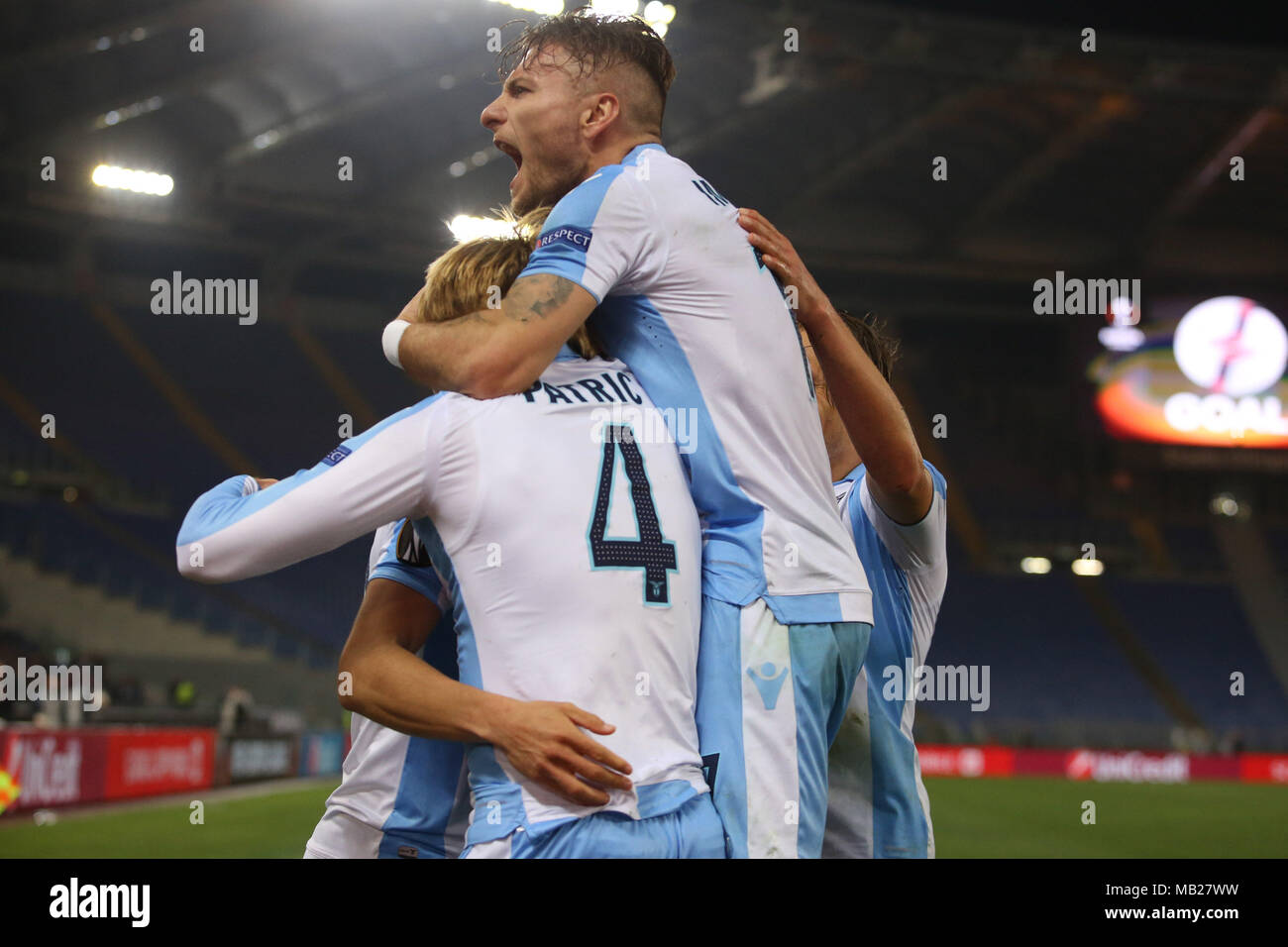 05.04.2018. Stadio Olimpico, Rome, Italie. Ligue de l'Uefa SS Lazio vs FC Salzburg. FELIPE ANDERSON célèbre le gol pendant le match S.S. Lazio vs Salzburg au Stadio Olimpico à Rome. Banque D'Images