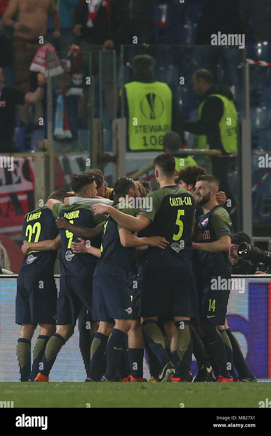 05.04.2018. Stadio Olimpico, Rome, Italie. Ligue de l'Uefa SS Lazio vs FC Salzburg. Score, le Gol pendant le match S.S. Lazio vs Salzburg au Stadio Olimpico à Rome. Banque D'Images