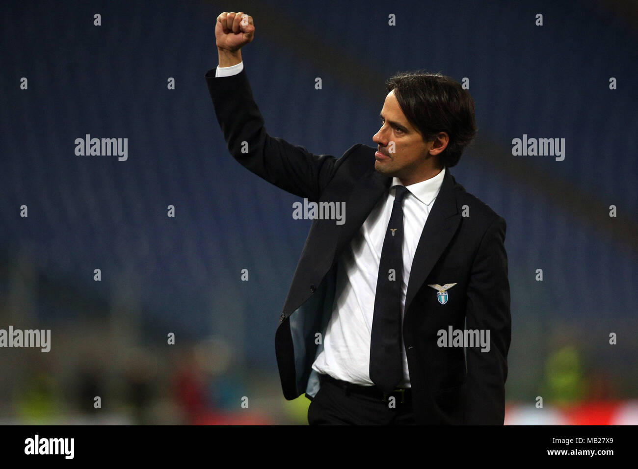 05.04.2018. Stadio Olimpico, Rome, Italie. Ligue de l'Uefa SS Lazio vs FC Salzburg.SIMONE INZAGHI célèbre la victoire lors du match S.S. Lazio vs Salzburg au Stadio Olimpico à Rome. Banque D'Images