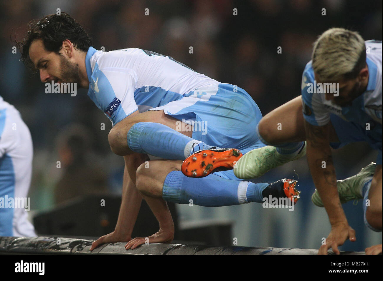 05.04.2018. Stadio Olimpico, Rome, Italie. Ligue de l'Uefa SS Lazio vs FC Salzburg. MARCO PAROLO le score pendant le match du GED S.S. Lazio vs Salzburg au Stadio Olimpico à Rome. Banque D'Images