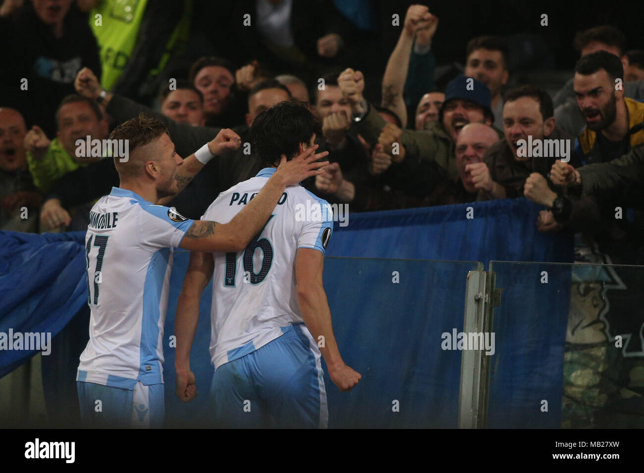 05.04.2018. Stadio Olimpico, Rome, Italie. Ligue de l'Uefa SS Lazio vs FC Salzburg. MARCO PAROLO le score pendant le match du GED S.S. Lazio vs Salzburg au Stadio Olimpico à Rome. Banque D'Images