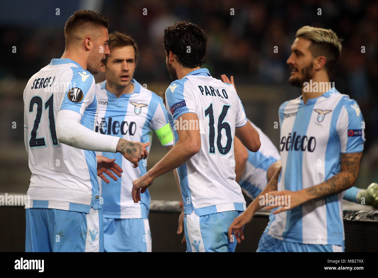 05.04.2018. Stadio Olimpico, Rome, Italie. Ligue de l'Uefa SS Lazio vs FC Salzburg. MARCO PAROLO le score pendant le match du GED S.S. Lazio vs Salzburg au Stadio Olimpico à Rome. Banque D'Images
