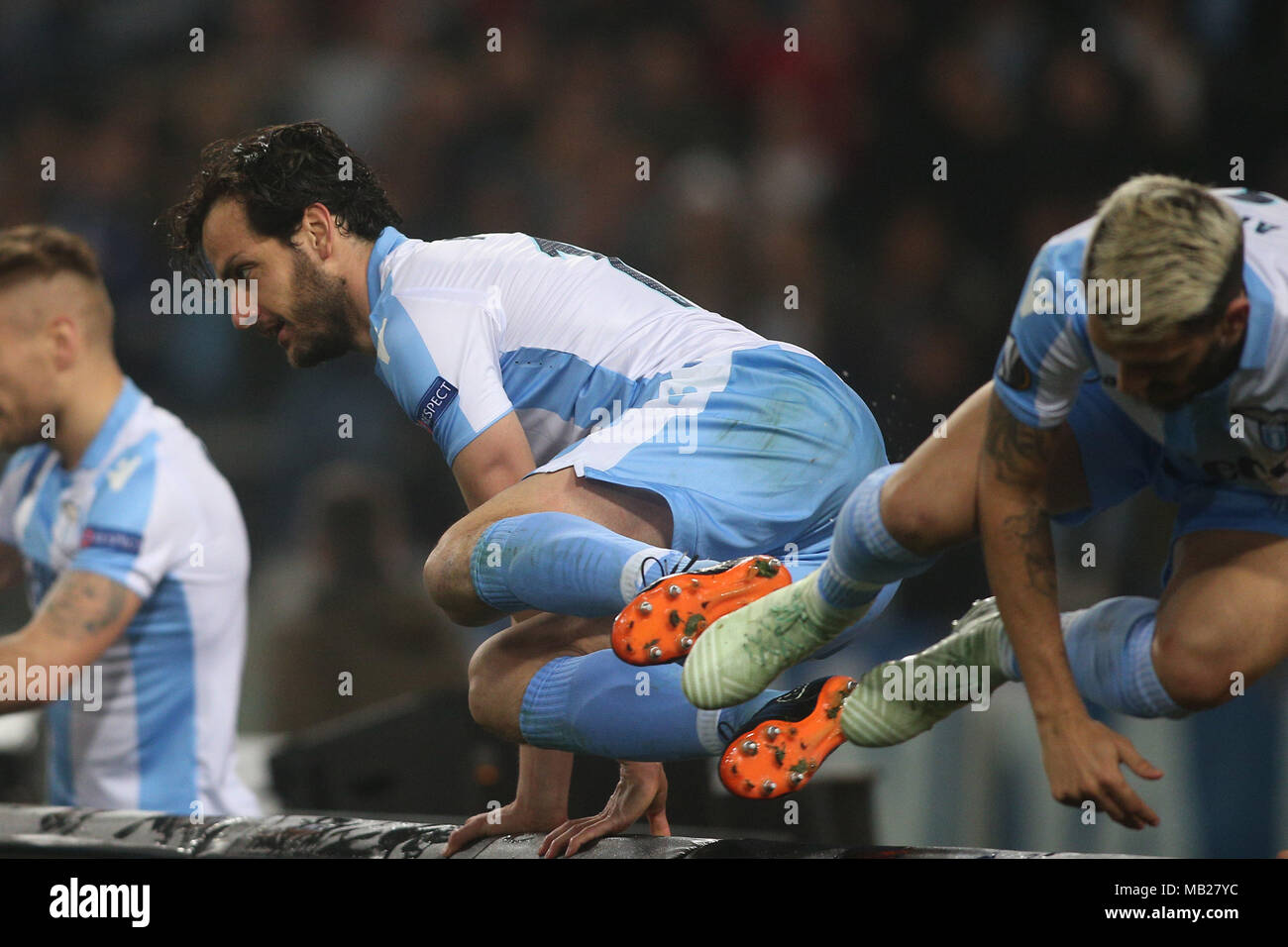 05.04.2018. Stadio Olimpico, Rome, Italie. Ligue de l'Uefa SS Lazio vs FC Salzburg. MARCO PAROLO le score pendant le match du GED S.S. Lazio vs Salzburg au Stadio Olimpico à Rome. Banque D'Images