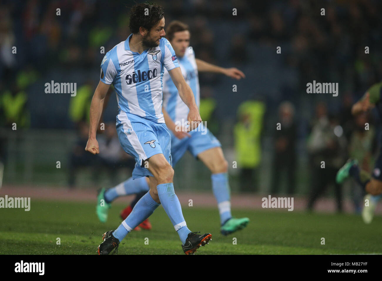 05.04.2018. Stadio Olimpico, Rome, Italie. Ligue de l'Uefa SS Lazio vs FC Salzburg. MARCO PAROLO le score pendant le match du GED S.S. Lazio vs Salzburg au Stadio Olimpico à Rome. Banque D'Images