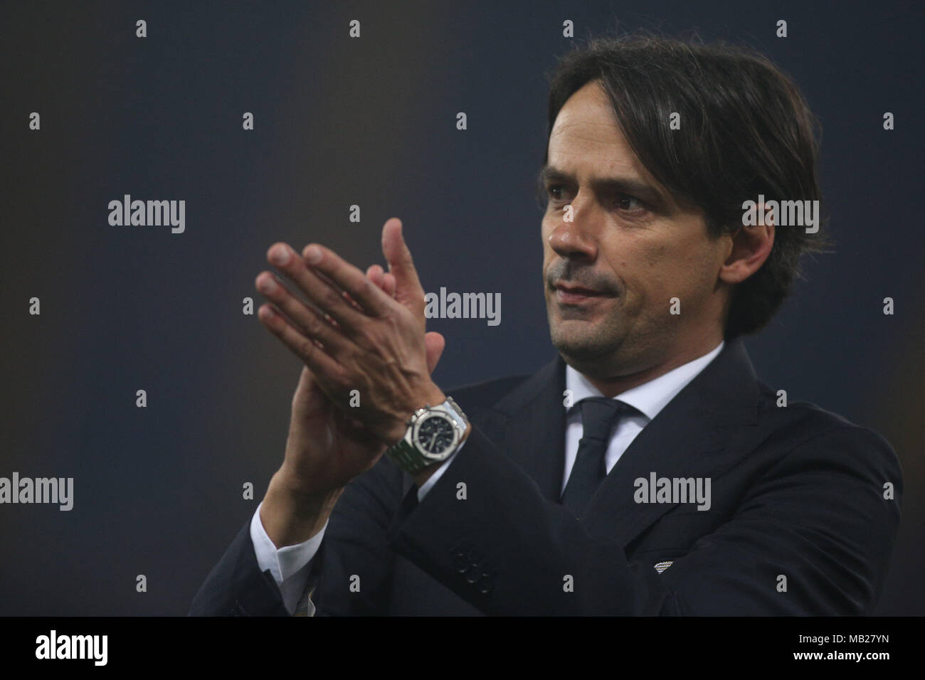 05.04.2018. Stadio Olimpico, Rome, Italie. Ligue de l'Uefa SS Lazio vs FC Salzburg.SIMONE INZAGHI célèbre la victoire lors du match S.S. Lazio vs Salzburg au Stadio Olimpico à Rome. Banque D'Images