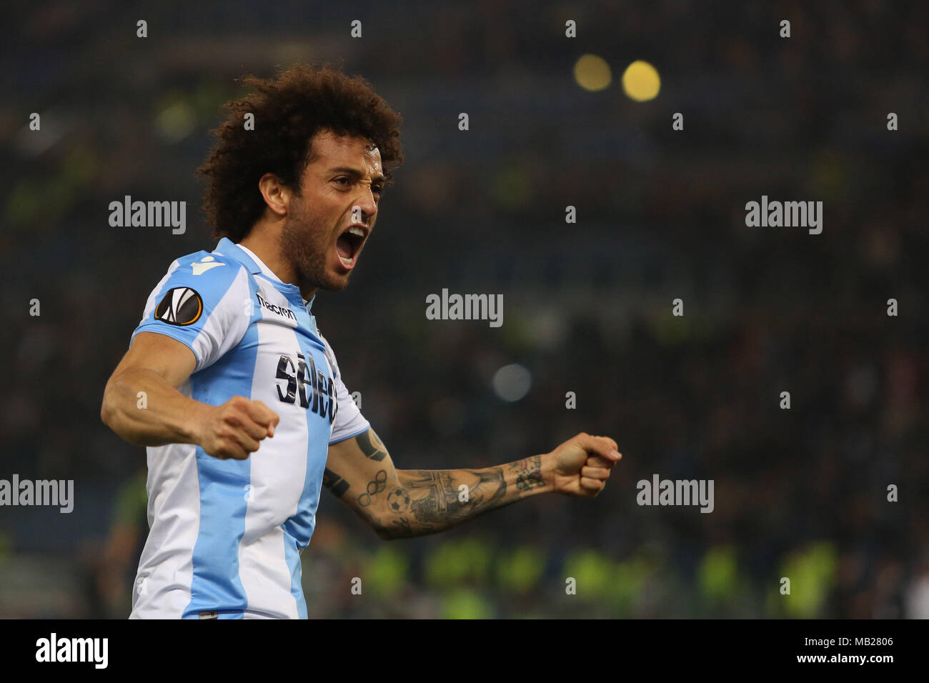 05.04.2018. Stadio Olimpico, Rome, Italie. Ligue de l'Uefa SS Lazio vs FC Salzburg. FELIPE ANDERSON célèbre le gol pendant le match S.S. Lazio vs Salzburg au Stadio Olimpico à Rome. Banque D'Images