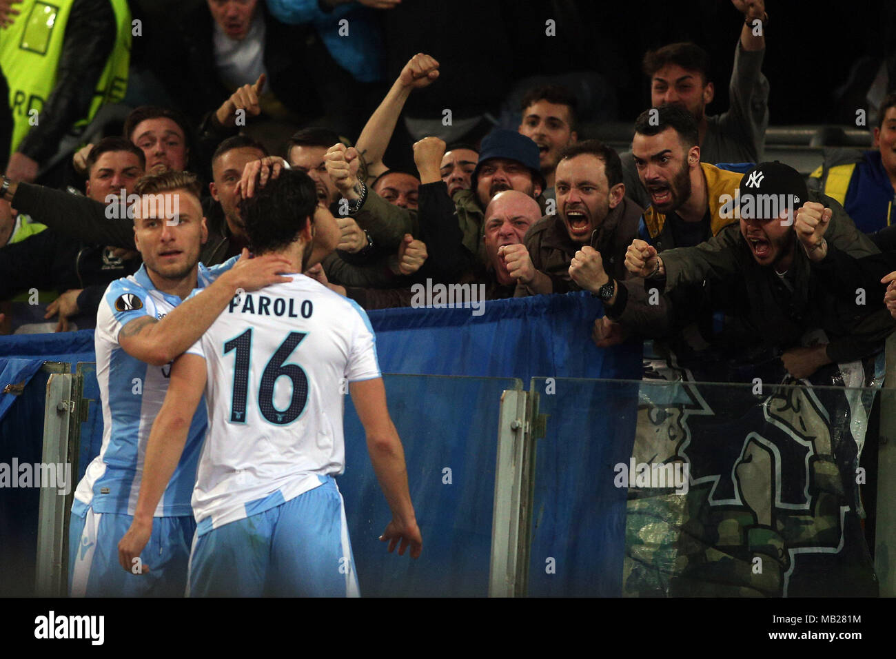 05.04.2018. Stadio Olimpico, Rome, Italie. Ligue de l'Uefa SS Lazio vs FC Salzburg. MARCO PAROLO le score pendant le match du GED S.S. Lazio vs Salzburg au Stadio Olimpico à Rome. Banque D'Images