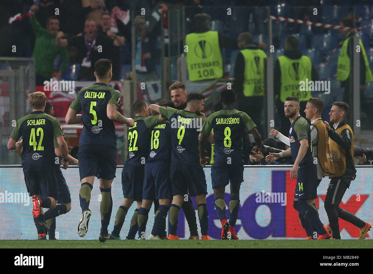 05.04.2018. Stadio Olimpico, Rome, Italie. Ligue de l'Uefa SS Lazio vs FC Salzburg. Score, le Gol pendant le match S.S. Lazio vs Salzburg au Stadio Olimpico à Rome. Banque D'Images