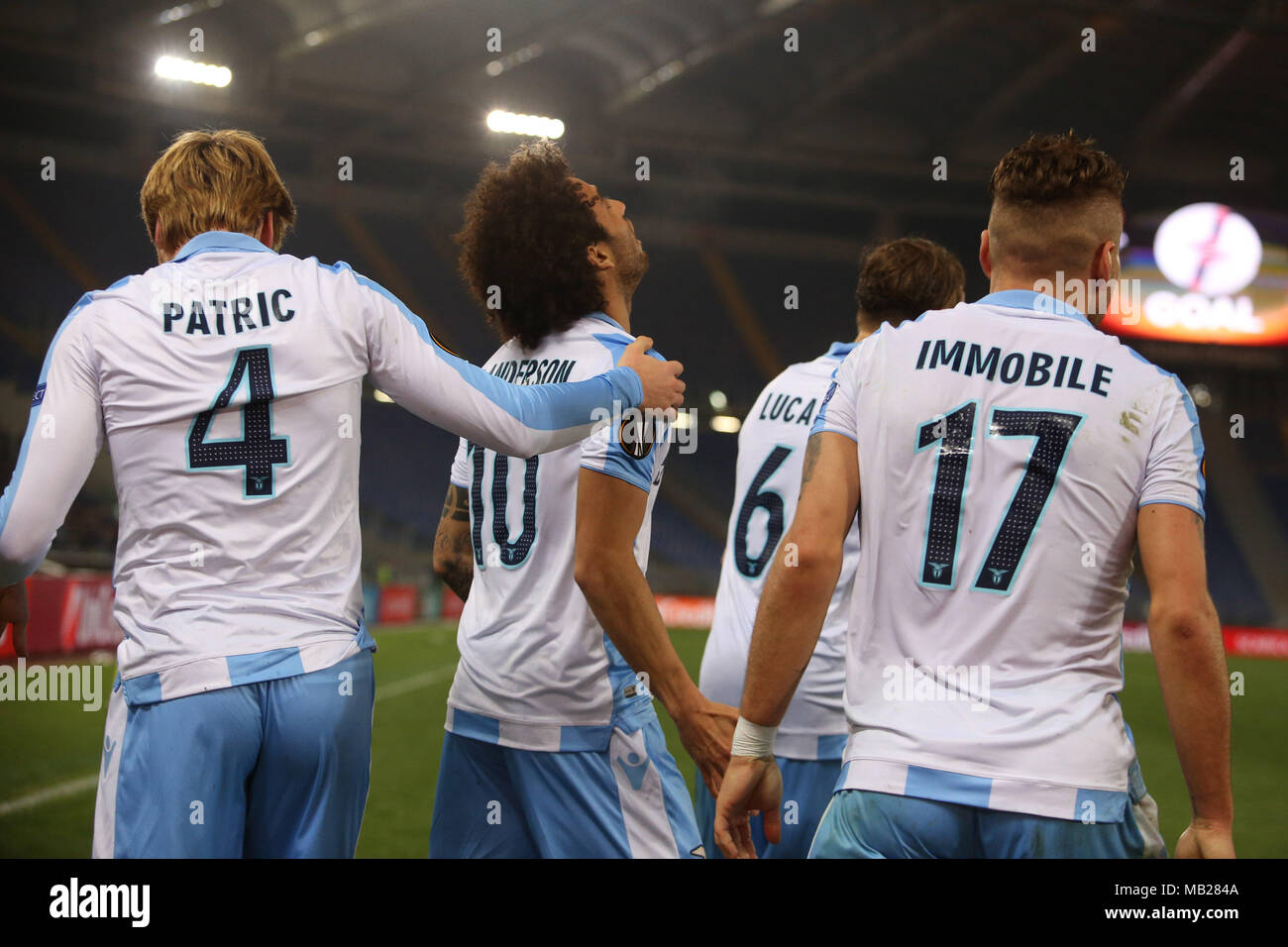 05.04.2018. Stadio Olimpico, Rome, Italie. Ligue de l'Uefa SS Lazio vs FC Salzburg. FELIPE ANDERSON célèbre le gol pendant le match S.S. Lazio vs Salzburg au Stadio Olimpico à Rome. Banque D'Images