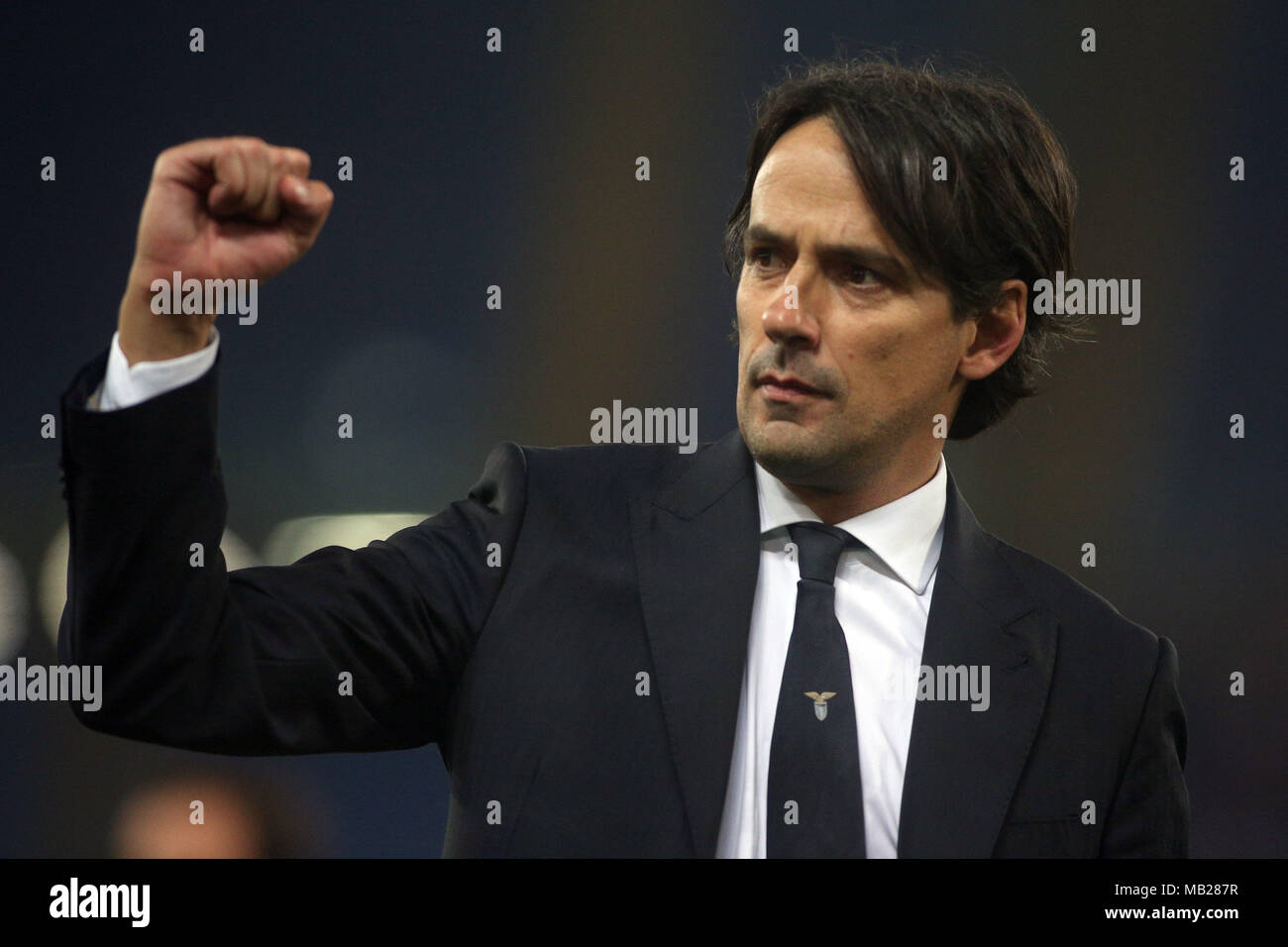 05.04.2018. Stadio Olimpico, Rome, Italie. Ligue de l'Uefa SS Lazio vs FC Salzburg.SIMONE INZAGHI célèbre la victoire lors du match S.S. Lazio vs Salzburg au Stadio Olimpico à Rome. Banque D'Images