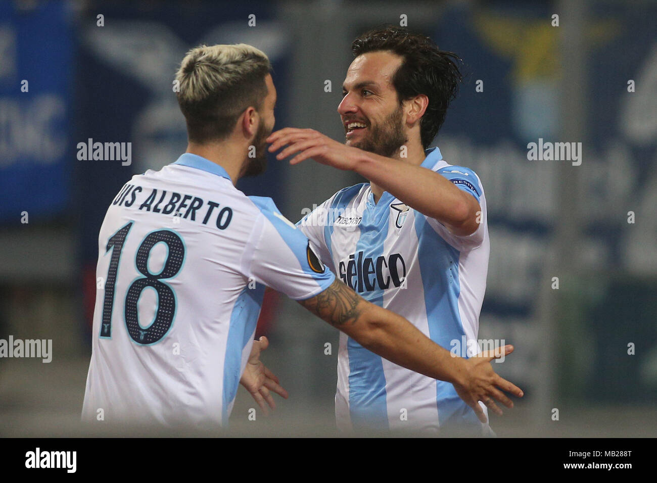 05.04.2018. Stadio Olimpico, Rome, Italie. Ligue de l'Uefa SS Lazio vs FC Salzburg. MARCO PAROLO le score pendant le match du GED S.S. Lazio vs Salzburg au Stadio Olimpico à Rome. Banque D'Images