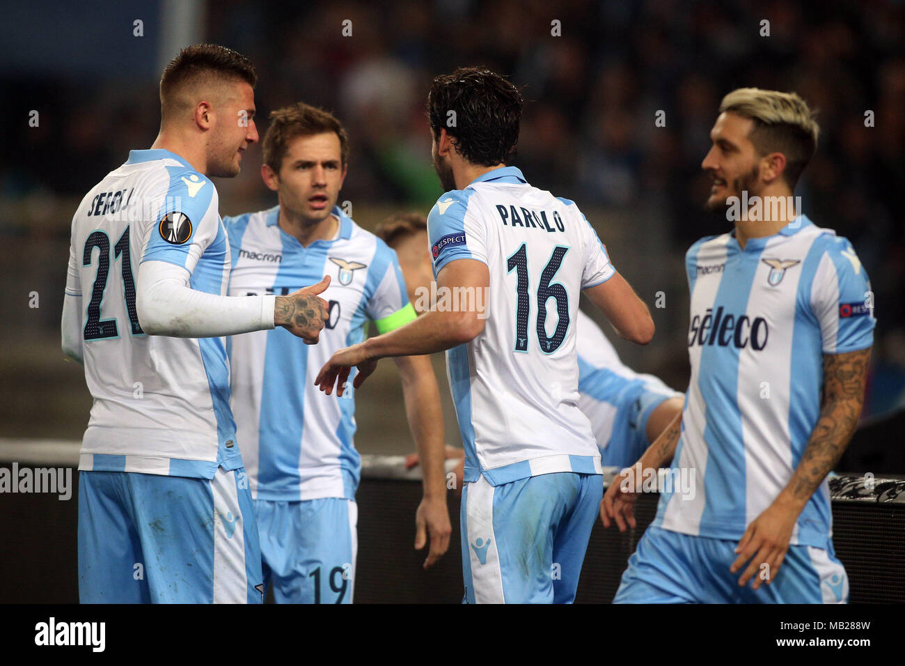 05.04.2018. Stadio Olimpico, Rome, Italie. Ligue de l'Uefa SS Lazio vs FC Salzburg. MARCO PAROLO le score pendant le match du GED S.S. Lazio vs Salzburg au Stadio Olimpico à Rome. Banque D'Images