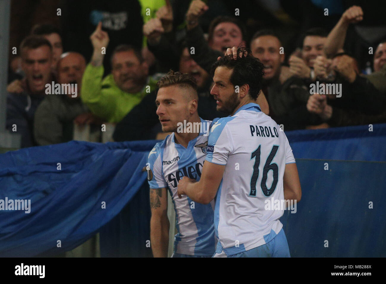 05.04.2018. Stadio Olimpico, Rome, Italie. Ligue de l'Uefa SS Lazio vs FC Salzburg. MARCO PAROLO le score pendant le match du GED S.S. Lazio vs Salzburg au Stadio Olimpico à Rome. Banque D'Images