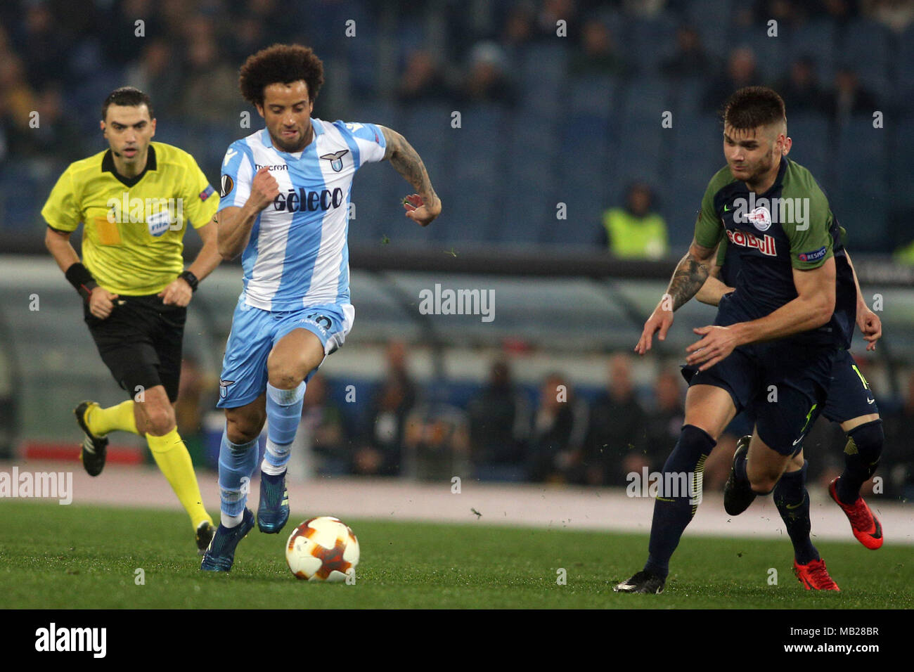 05.04.2018. Stadio Olimpico, Rome, Italie. Ligue de l'Uefa SS Lazio vs FC Salzburg. FELIPE ANDERSON (LAZ) note le gol pendant le match S.S. Lazio vs Salzburg au Stadio Olimpico à Rome. Banque D'Images