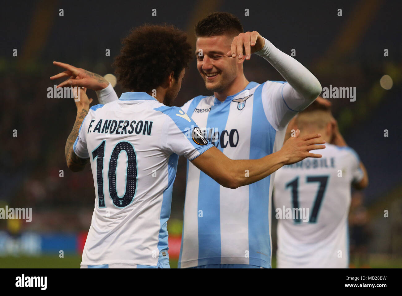 05.04.2018. Stadio Olimpico, Rome, Italie. Ligue de l'Uefa SS Lazio vs FC Salzburg. FELIPE ANDERSON célèbre le gol pendant le match S.S. Lazio vs Salzburg au Stadio Olimpico à Rome. Banque D'Images