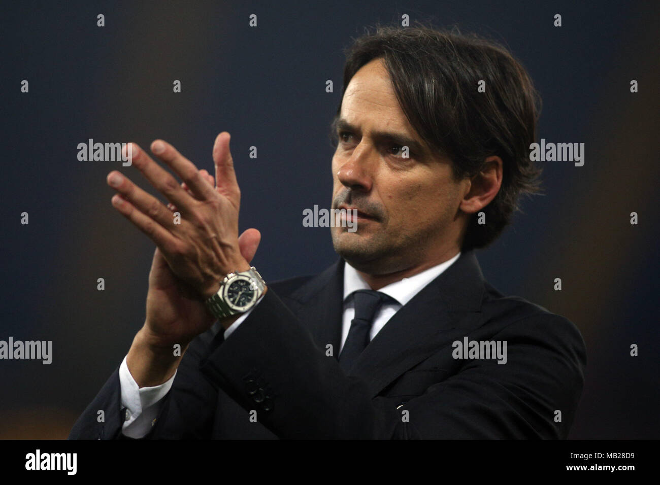 05.04.2018. Stadio Olimpico, Rome, Italie. Ligue de l'Uefa SS Lazio vs FC Salzburg.SIMONE INZAGHI célèbre la victoire lors du match S.S. Lazio vs Salzburg au Stadio Olimpico à Rome. Banque D'Images