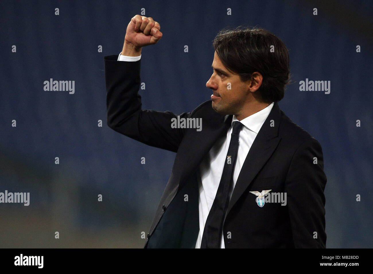 05.04.2018. Stadio Olimpico, Rome, Italie. Ligue de l'Uefa SS Lazio vs FC Salzburg.SIMONE INZAGHI célèbre la victoire lors du match S.S. Lazio vs Salzburg au Stadio Olimpico à Rome. Banque D'Images