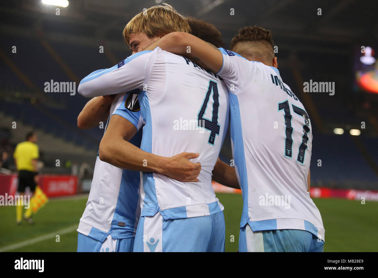 05.04.2018. Stadio Olimpico, Rome, Italie. Ligue de l'Uefa SS Lazio vs FC Salzburg. FELIPE ANDERSON célèbre le gol pendant le match S.S. Lazio vs Salzburg au Stadio Olimpico à Rome. Banque D'Images