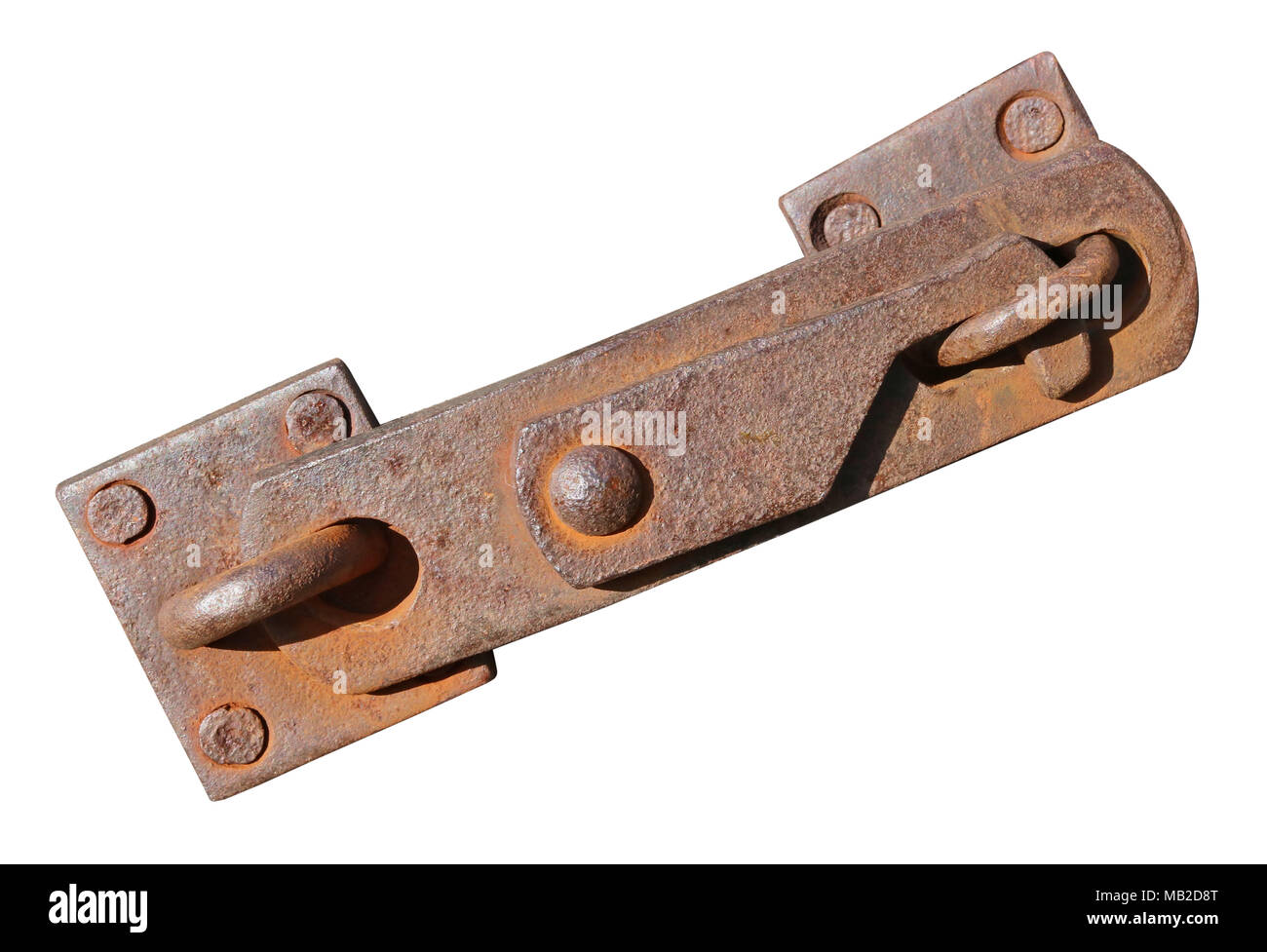 Crochet de porte rustique rouillée pour la serrure, fait main pas de nom de l'objet. Pris dans le 19e siècle. Isolé sur blanc journée ensoleillée piscine macro shot Banque D'Images