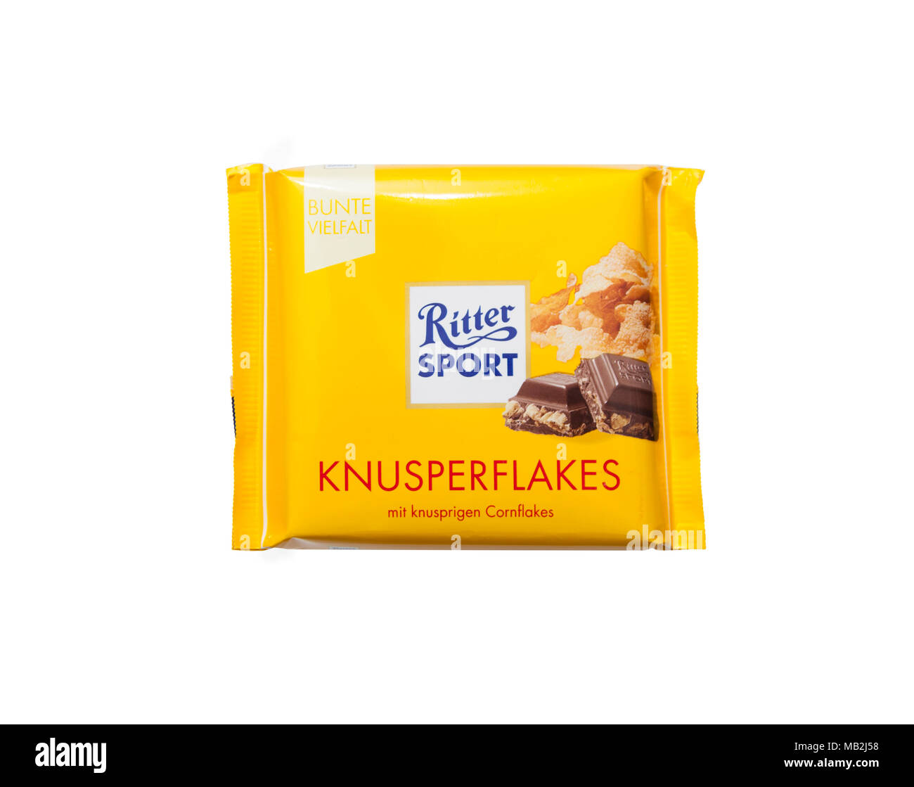 CHISINAU, MOLDOVA - 6 Avril, 2018 : Ritter Sport chocolat avec remplissage cornflake. Ritter Sport marque de chocolat allemand est fondée en 1912. Isolé sur Banque D'Images