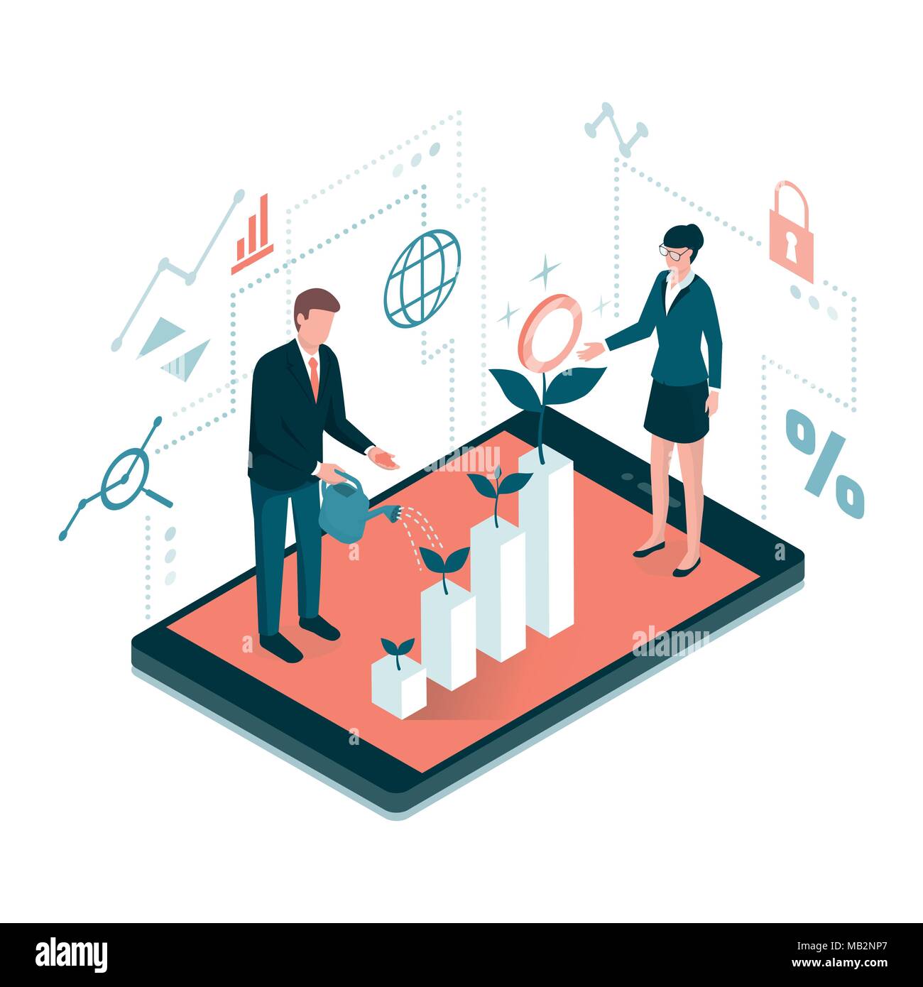 Les personnes travaillant ensemble et à la croissance d'un tableau financier réussi avec la germination des plantes sur une tablette numérique : investissements et finance concept Illustration de Vecteur