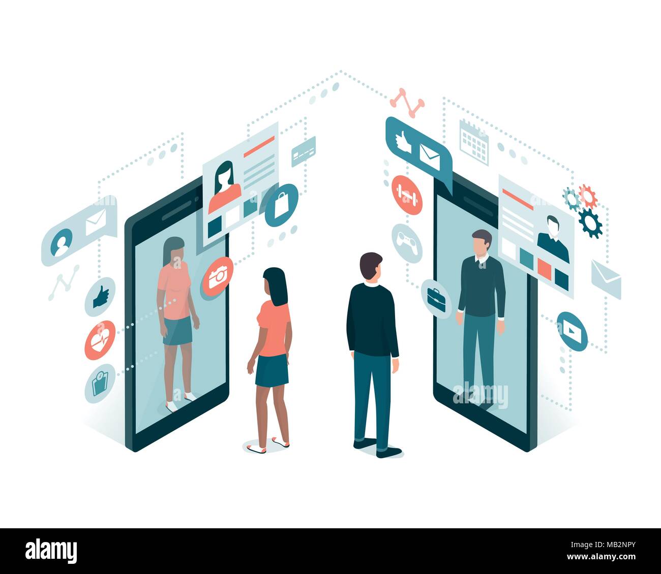 Les usagers des médias sociaux partager leur profil en ligne sur un smartphone et la mise en réseau, de la technologie et de l'identité concept Illustration de Vecteur