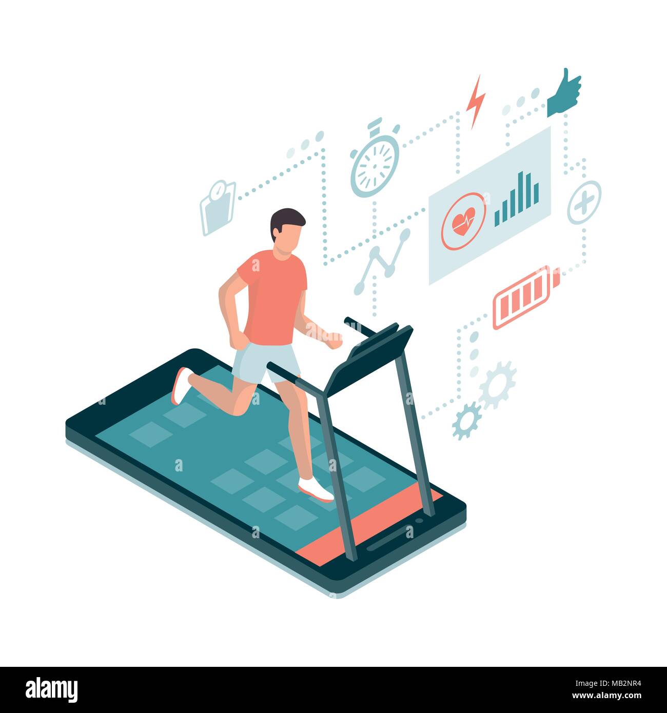 Homme qui court sur un tapis roulant du smartphone et l'exercice de remise en forme et sports : app concept Illustration de Vecteur