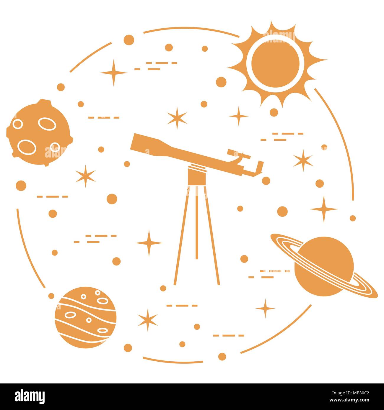 Science : télescope, soleil, lune, planètes, étoiles. L'exploration de l'espace. L'astronomie. Illustration de Vecteur