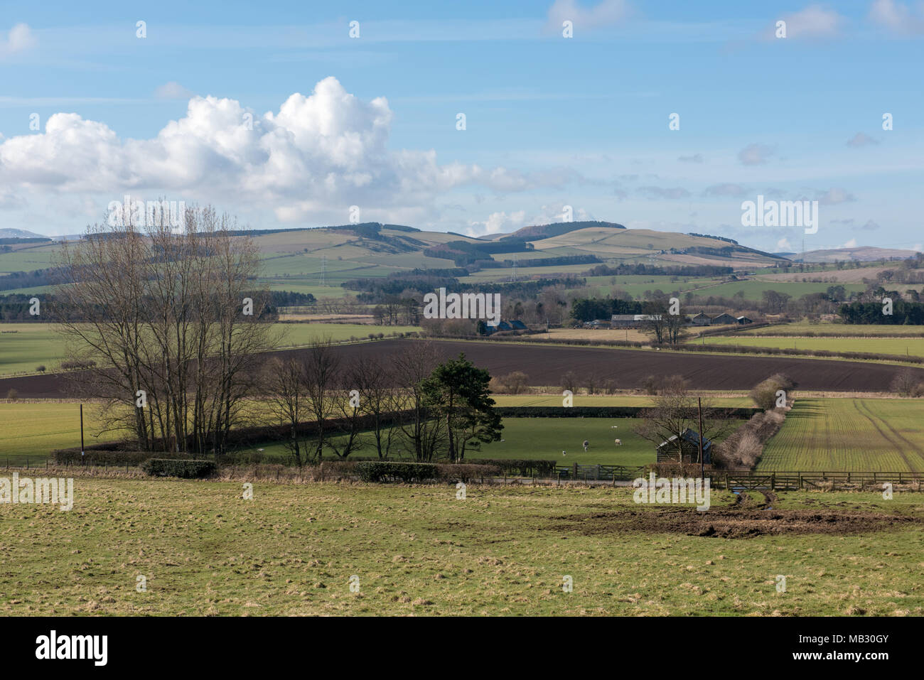 Vue panoramique sur les collines ondoyantes et les terres agricoles patchwork sous un ciel bleu partiellement nuageux dans la campagne britannique Banque D'Images