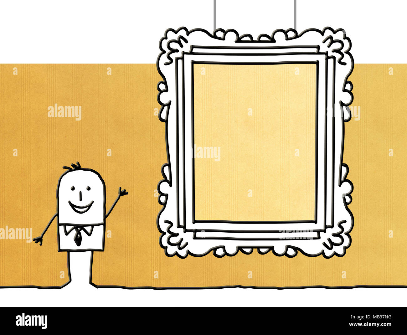 Cartoon businessman with big blank vintage frame Banque D'Images