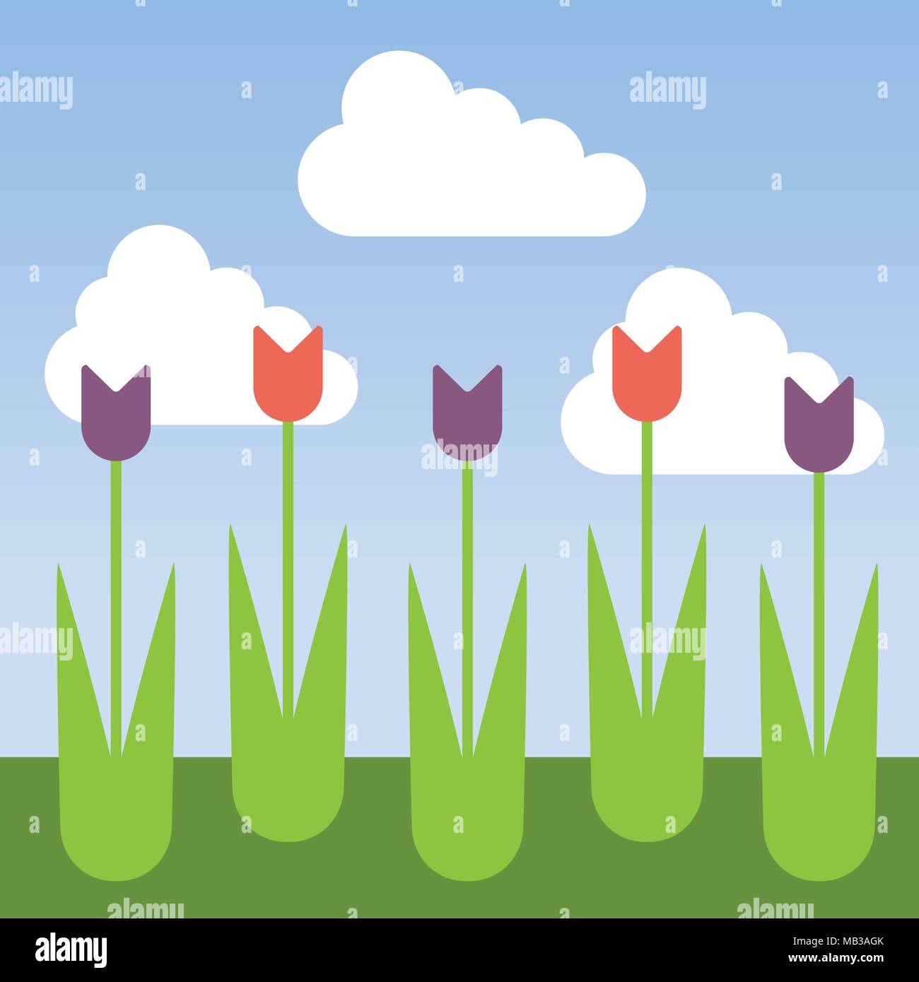 Lit de fleurs avec des tulipes et de l'herbe sous ciel bleu avec des nuages - vector design plat Illustration de Vecteur