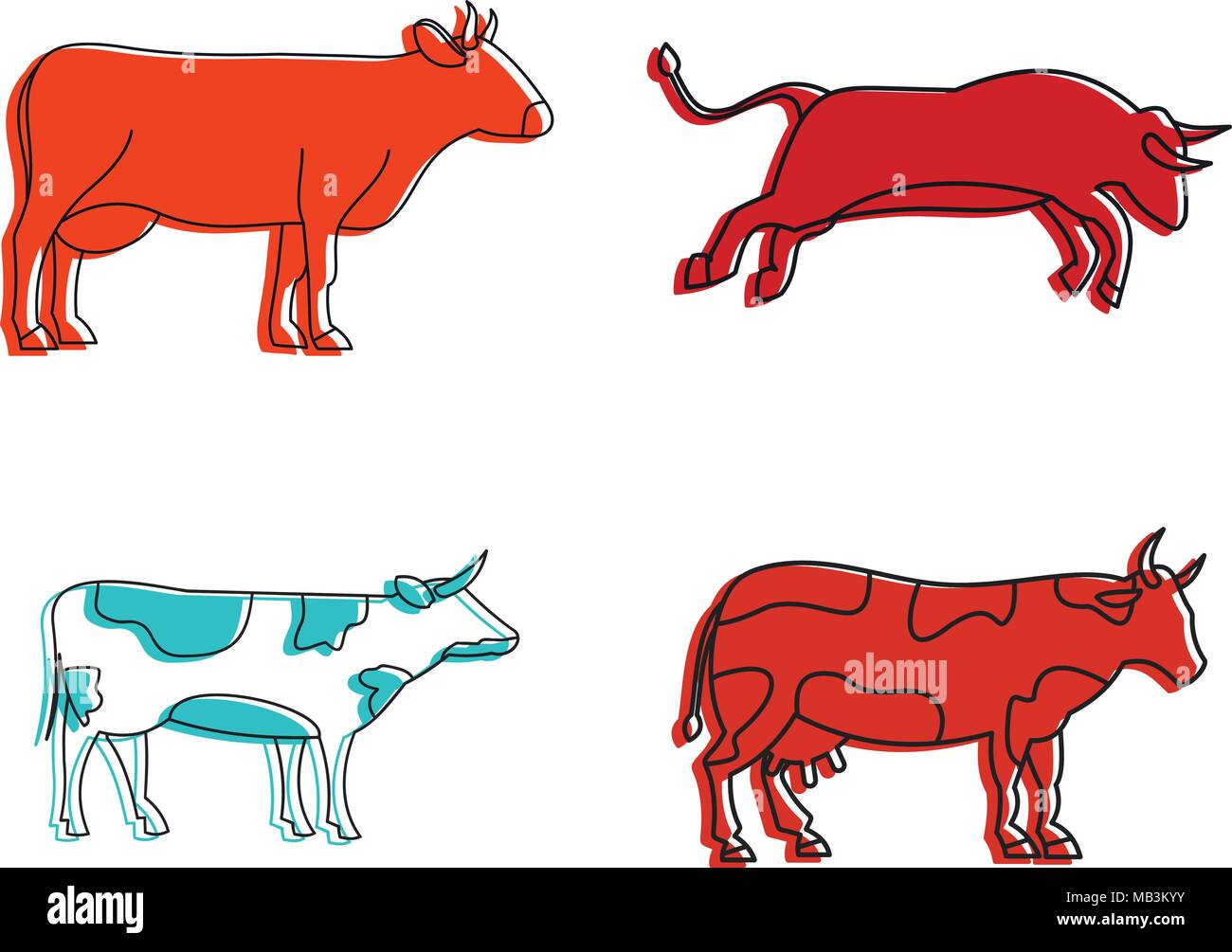 Icon Set couleur vache, style du contour Illustration de Vecteur