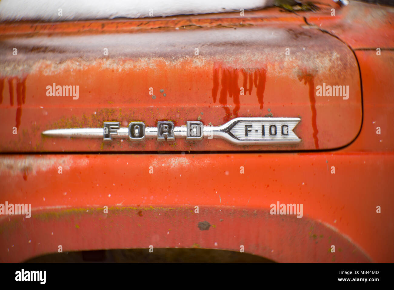 Un vieux, rouge 1960 Ford F-100 pick-up, dans la neige, sur le côté d'une grange, dans la région de Noxon, Montana. Cette image a été prise avec un ancien objectif Petzval et Banque D'Images