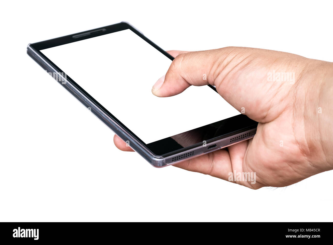Hand holding mobile smartphone avec écran blanc. La photographie Mobile concept. Isolé sur blanc. Banque D'Images