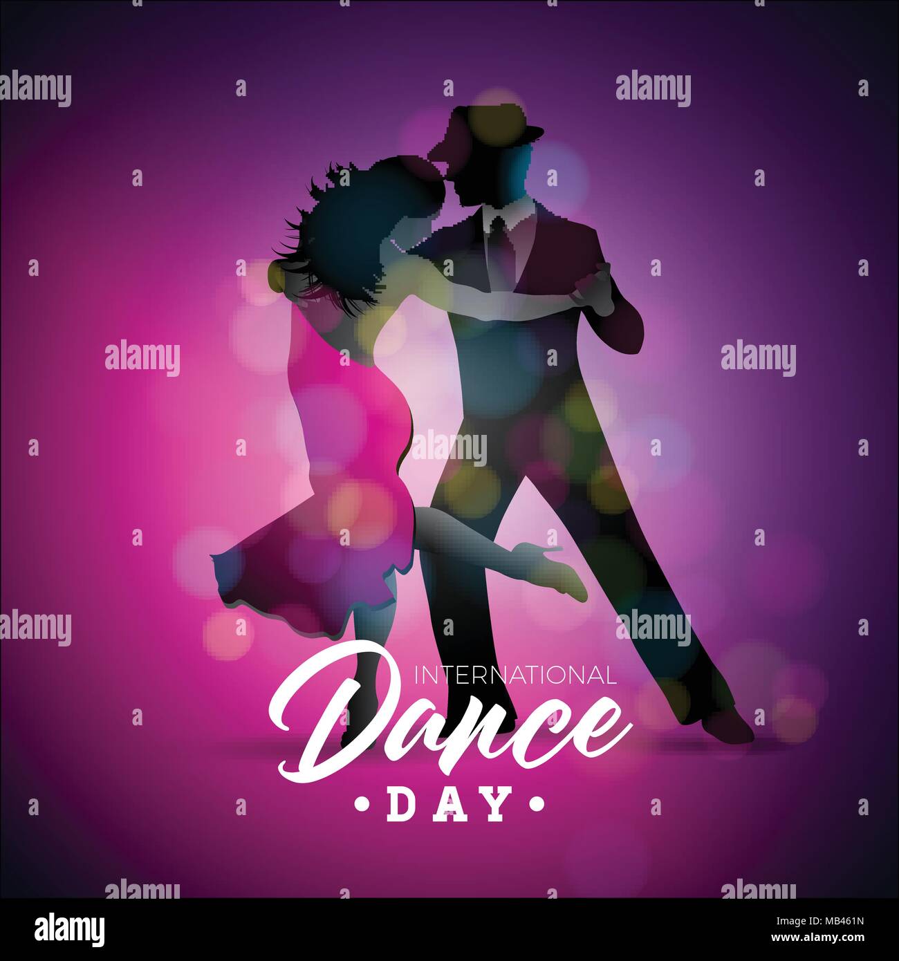 Illustration Vecteur de la Journée internationale de la danse tango avec couple dansant sur fond violet. Modèle de conception de bannière, flyer, invitation, brochure, affiche ou d'une carte de vœux. Illustration de Vecteur