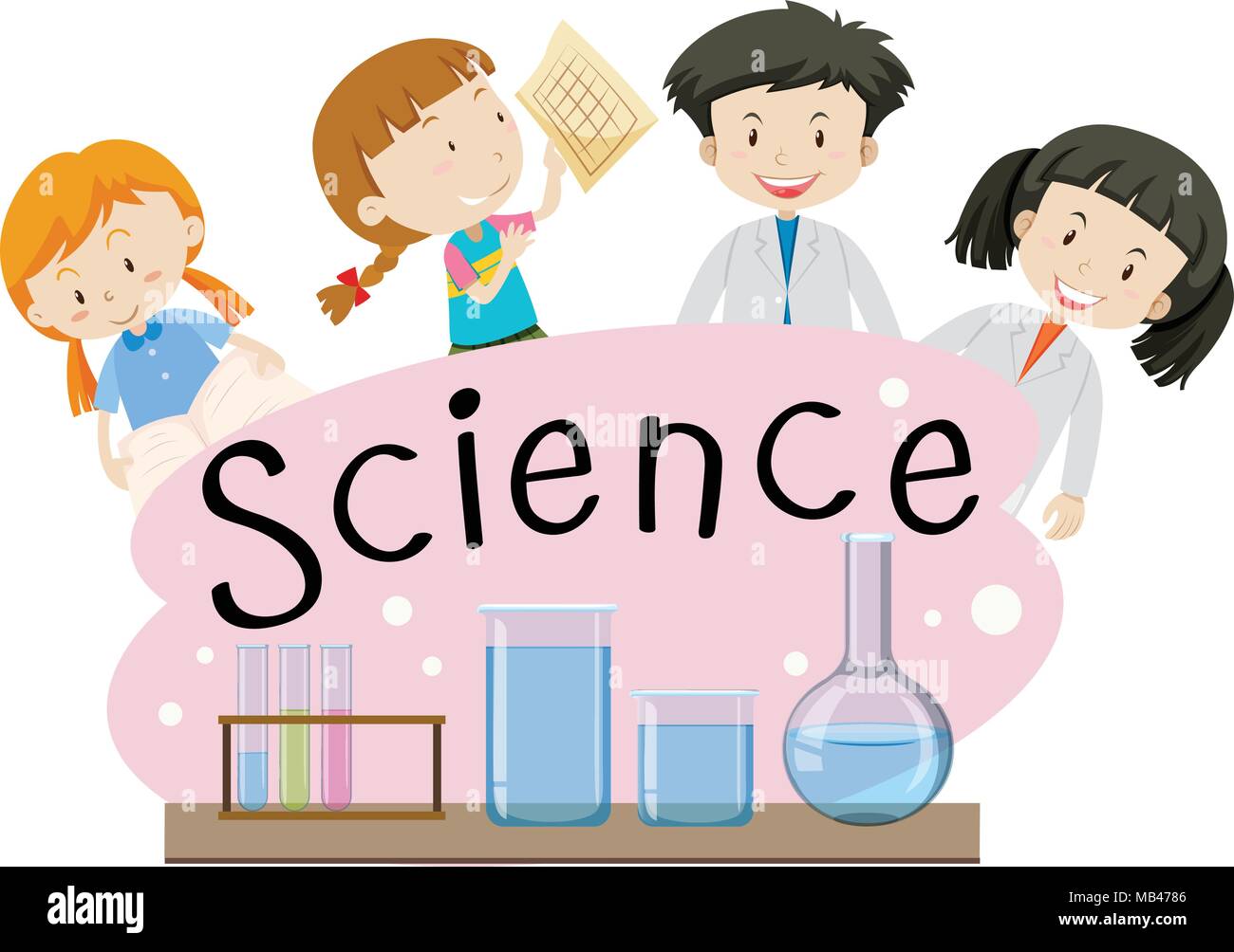 Conception de polices pour les enfants de science de mot avec des enfants  heureux dans l'illustration d'arrière-plan Image Vectorielle Stock - Alamy
