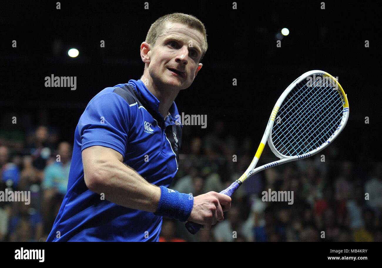 Alan Clyne (SCO). Mens des célibataires quart de finale. Le Squash. XXI Jeux du Commonwealth. Oxenford studios. Côte d'or 2018. Le Queensland. L'Australie. 07/04/2018. Banque D'Images