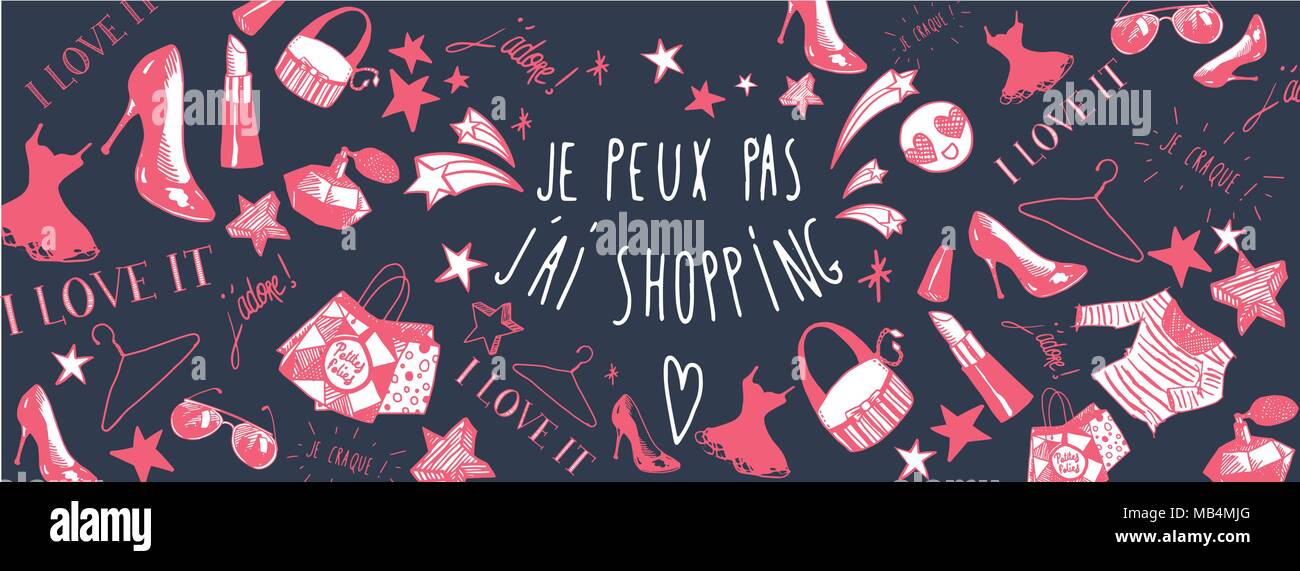 Je ne peux pas Français J'ai à faire du shopping doodles contexte Illustration de Vecteur