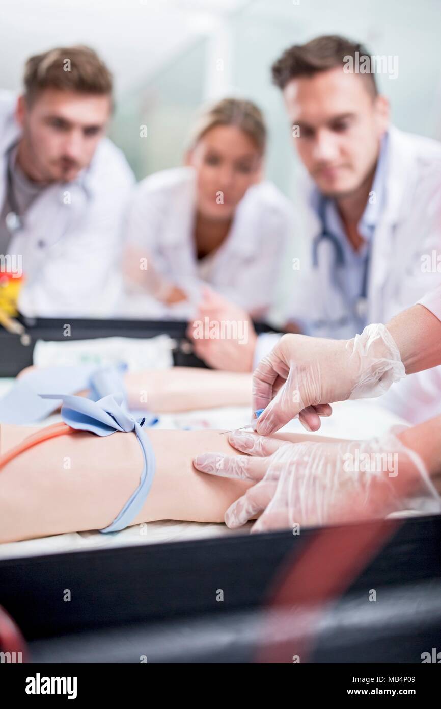 Parution du modèle. Médecin pratiquant l'insertion d'une ligne intraveineuse (IV) sur un mannequin de formation. Banque D'Images