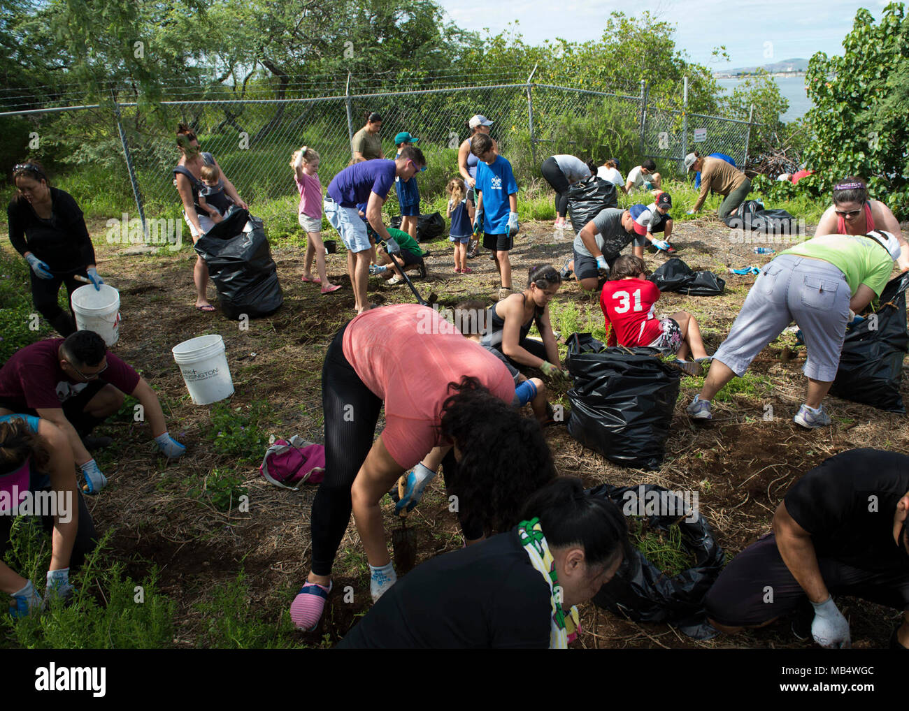 MCGREW POINT, Mississippi (fév. 17, 2018) Les militaires, les bénévoles de la communauté, les membres de l'Ali'i Pauahi Hawaiian Civic Club, ainsi que des membres de l'équipage de la société Hōkūleʻa Voyage Polynésien déposer les ordures et de plantes envahissantes à la Loko Pa'aiau Vivier. Banque D'Images