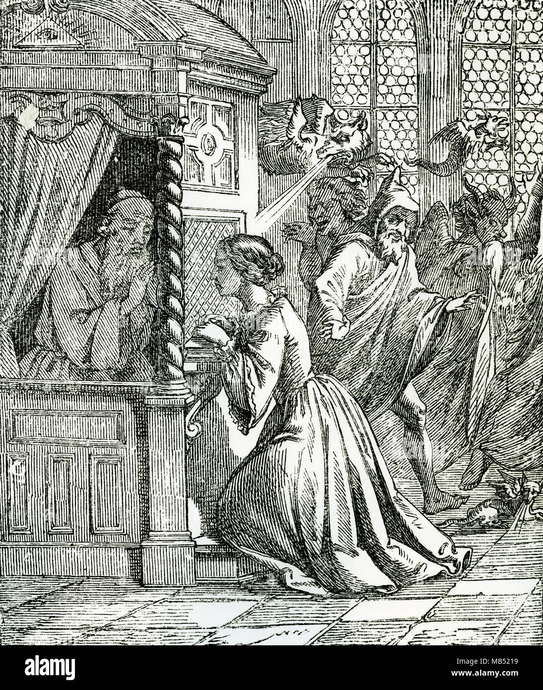 Jeune fille en confessant en confessionnal, devil et séducteur rôdant autour d'elle, gravure, 19e siècle Banque D'Images