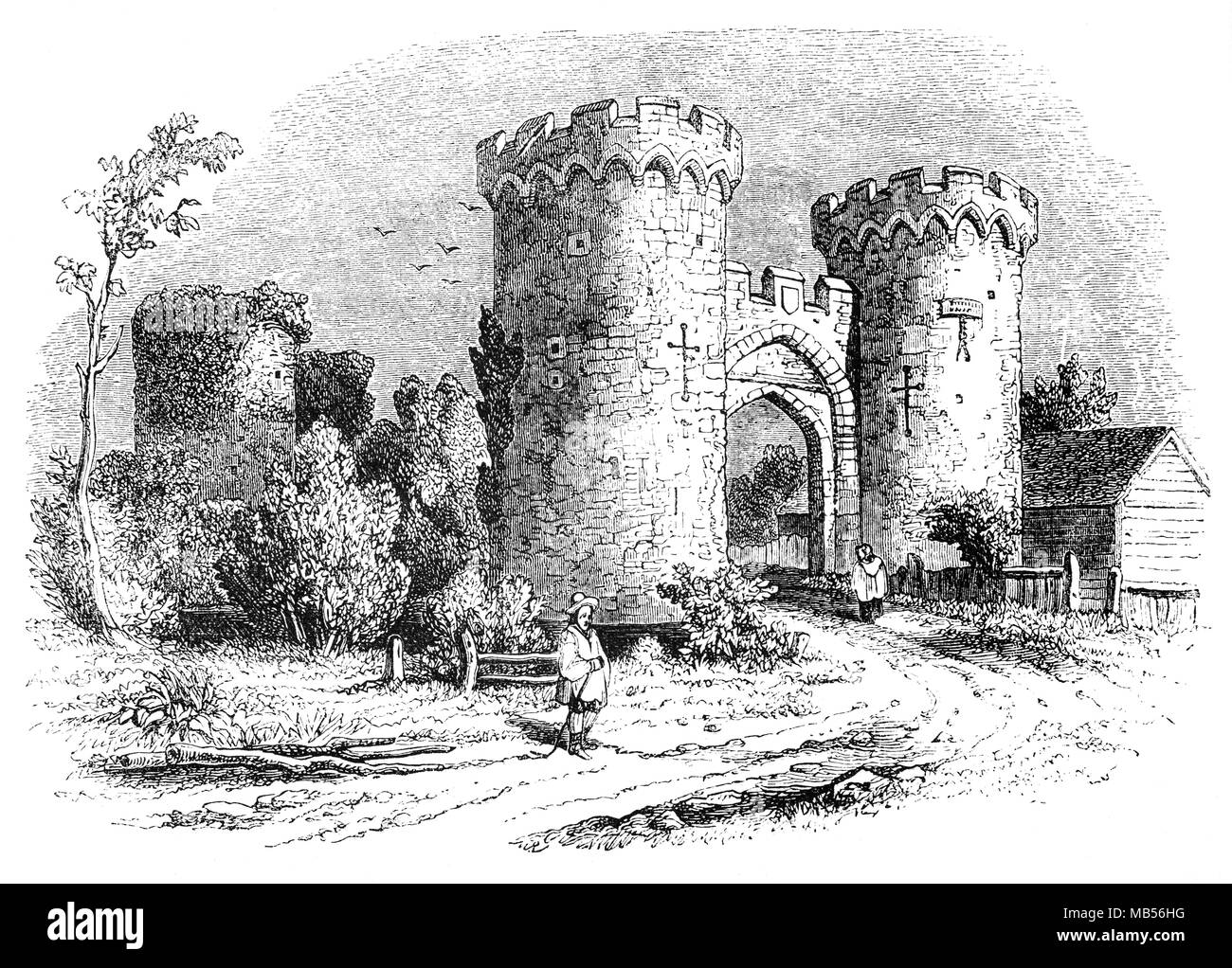 Refroidissement ou Cowling Castle est un 14e siècle château quadrangulaire dans le village de refroidissement, Kent sur la péninsule de Hoo près de Rochester. Il a été construit dans les années 1380 par la famille de Cobham, les Lords of the Manor, à la zone de protection contre les raids français dans l''estuaire de la Tamise. Le château a une disposition inhabituelle, comprenant deux salles de taille différente fortifiée à côté de l'autre, entouré de douves et fossés. Il fut le premier château anglais conçu pour l'usage de la poudre des armes par ses défenseurs. Banque D'Images