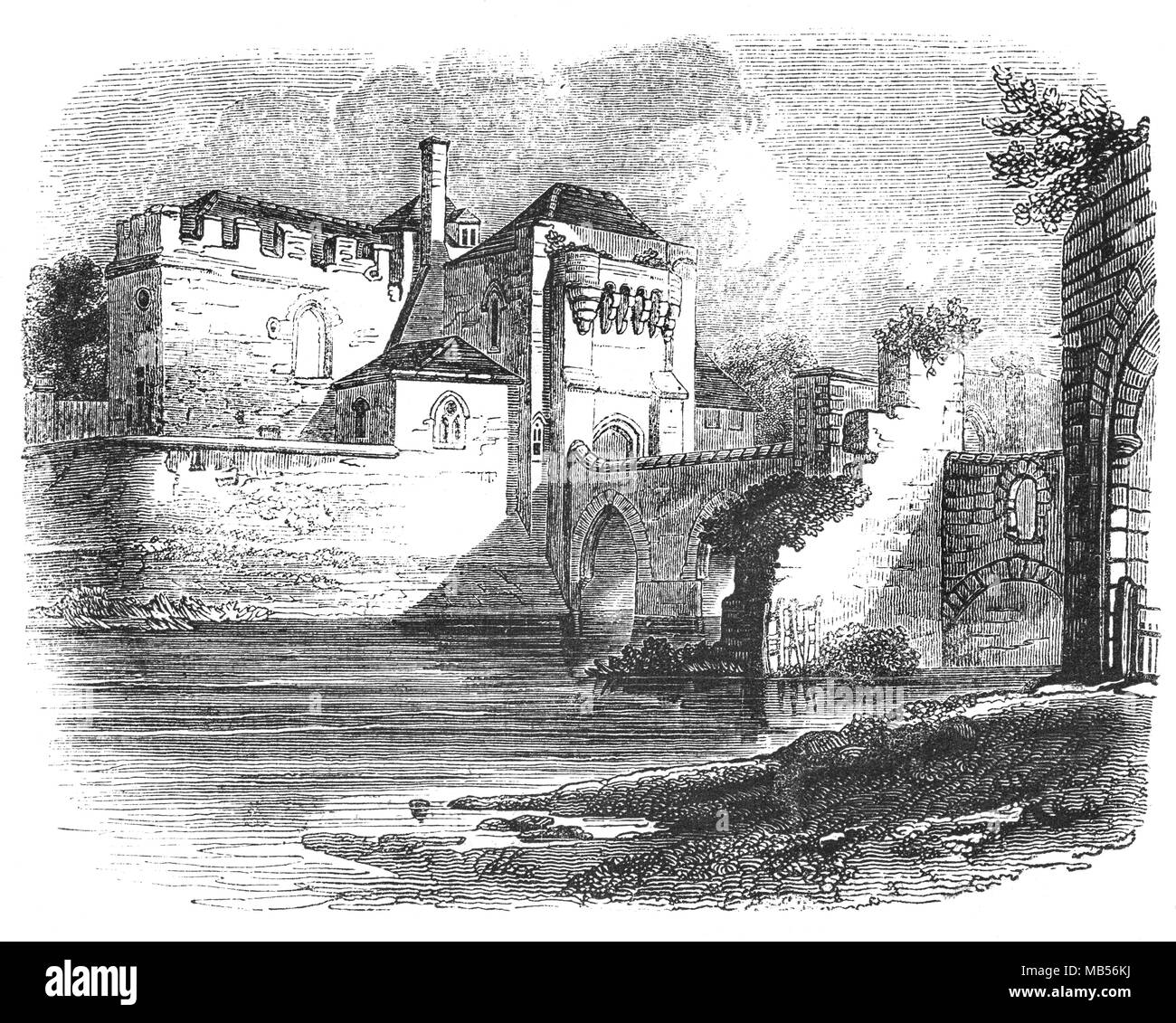 Un château a été sur le site de Château de Leeds, près de Maidstone dans le Kent, en Angleterre depuis 1086. En 1278, le château fut acheté par le roi Édouard I's Queen, Aliénor de Castille. Comme résidence d'Edward's, il a vu des investissements considérables. Le roi a amélioré ses défenses, et c'était probablement Edward qui a créé le lac qui entoure le château. Le Barbican (ou gardien) s'étend sur trois îles a été également construit. Le château aujourd'hui date principalement du 19e siècle et est construit sur des îles dans un lac formé par la rivière Len à l'est du village de Leeds Banque D'Images