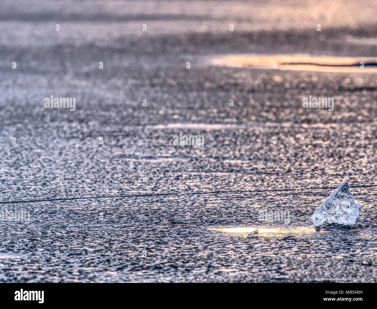 Morceaux de glace froid brillant clair sur la banquise. Structure de la glace naturelle dans selective focus photo. L'éclat des couleurs de coucher de soleil polaire. Banque D'Images