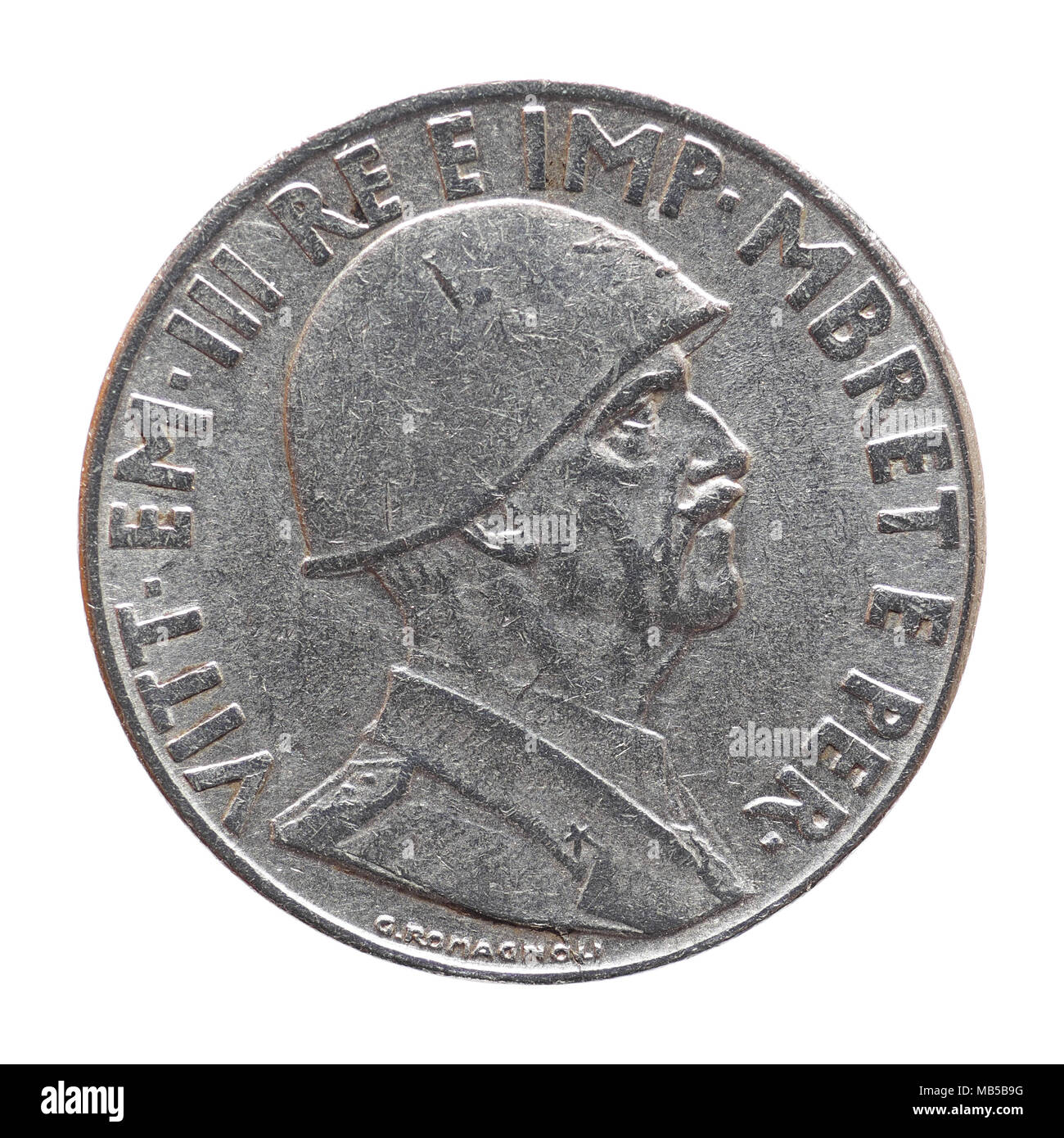 1 Lek albanais vieux coin avec Victor Emmanuel III, roi et empereur (Vittorio Emanuele III Re e Imperatore en italien), circa 1939 isolated over white b Banque D'Images