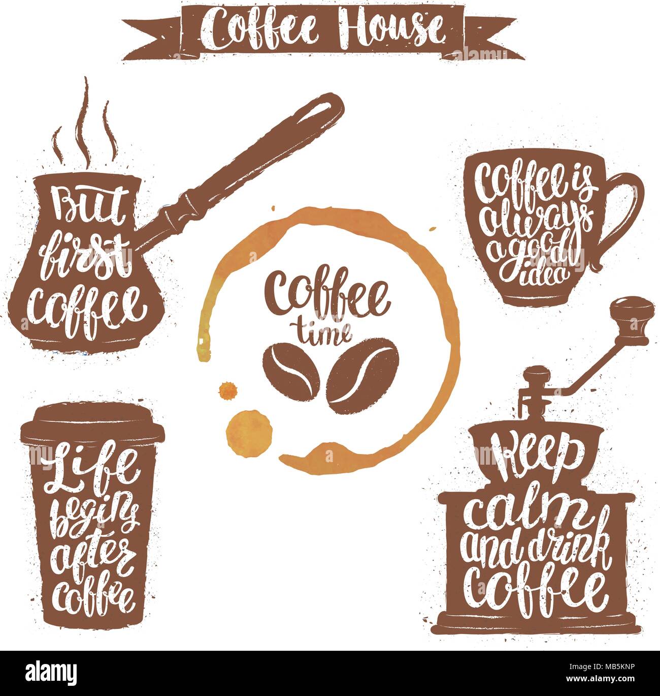 Tasse De Cafe En Lettrage Rectifieuse Formes Et Pot Cup Tache La Calligraphie Moderne Citations Sur Le Cafe Cafe Vintage Objets Definir Avec Phrase Manuscrite Image Vectorielle Stock Alamy