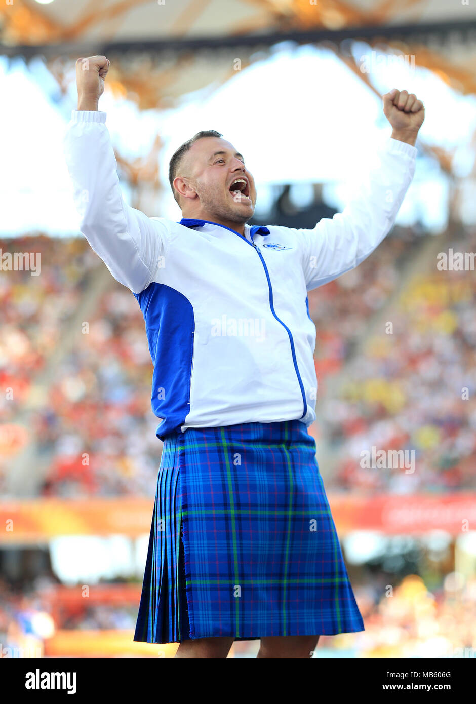 Marque de l'Ecosse célèbre sec remportant la médaille de bronze au lancer du marteau hommes finale au stade de Carrare pendant quatre jours de la 2018 Jeux du Commonwealth à la Gold Coast, Australie. Banque D'Images