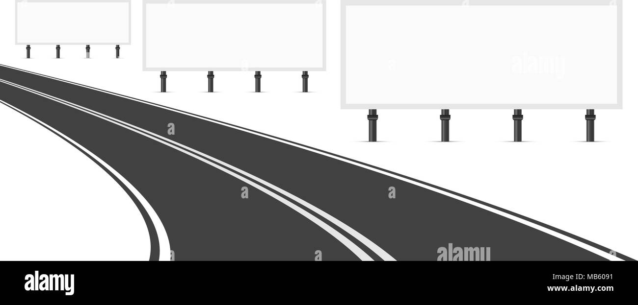 Trois panneaux publicitaires le long de la route. Trois panneaux blanc Vide Vide pour la publicité. Bend Road avec marquages. Vector Art Illustration de Vecteur