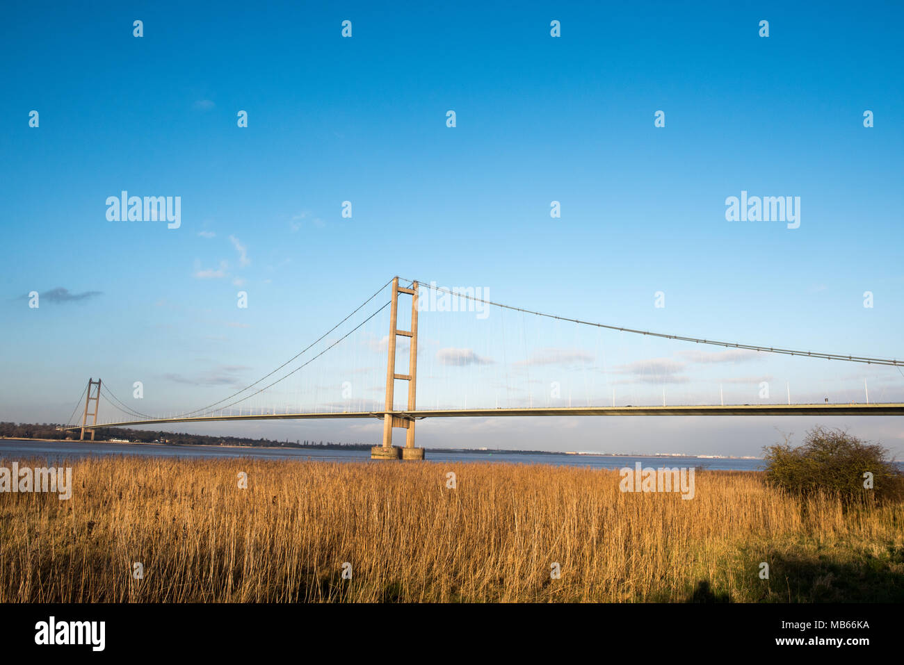Vue panoramique sur le pont Humber enjambant l'estuaire Humber, East Yorkshire, Angleterre, sous un ciel bleu clair Banque D'Images
